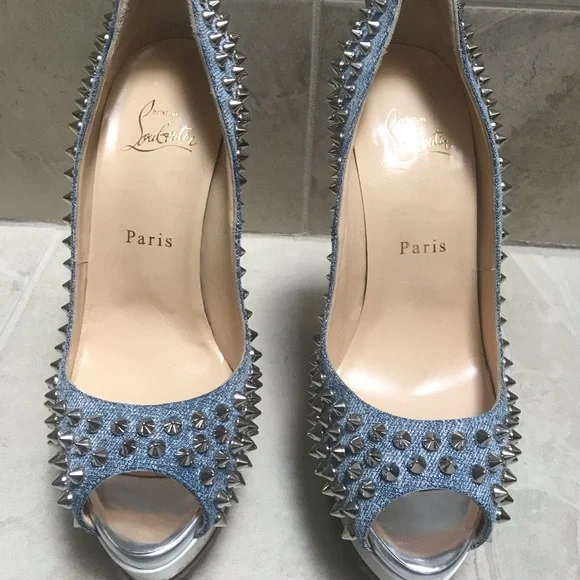 NEW Christian Louboutin sz 38 lady peep denim spike pumps - Picture 2 of 5